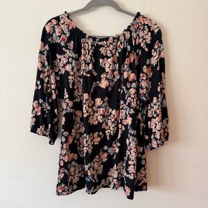 J. Jill Floral 3/4 Sleeve Ruched Neckline Peasant Blouse Top
